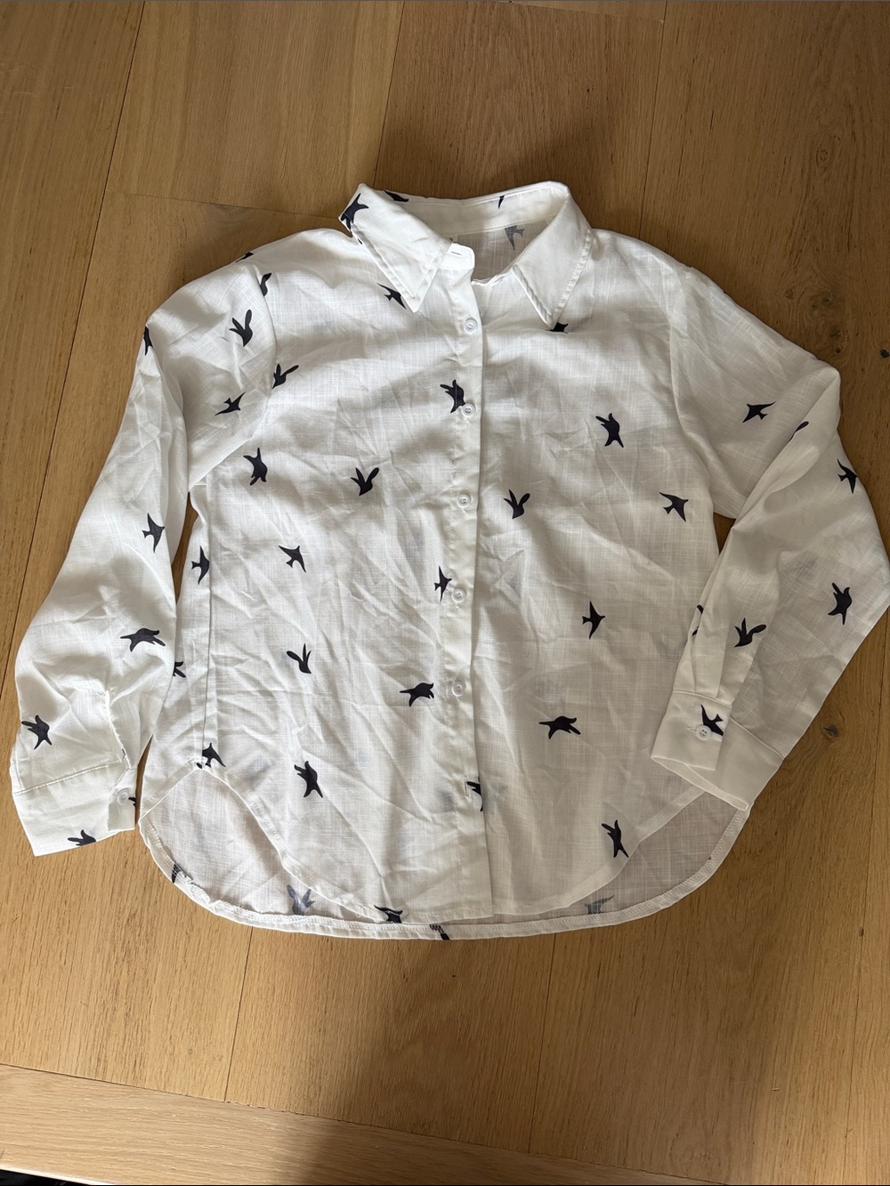 White Button-Down Kids Shirt with Navy Bird Print